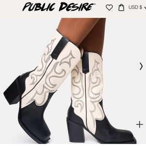 TEXAS BLACK AND ECRU WESTERN BLOCK HEEL ANKLE BOOTS Size 11 NIB